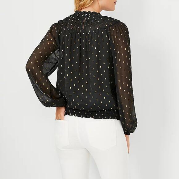 Ann Taylor | Black Chiffon Metallic Clip Smocked Ruffle Neck Top Career Blouse - Picture 2 of 13